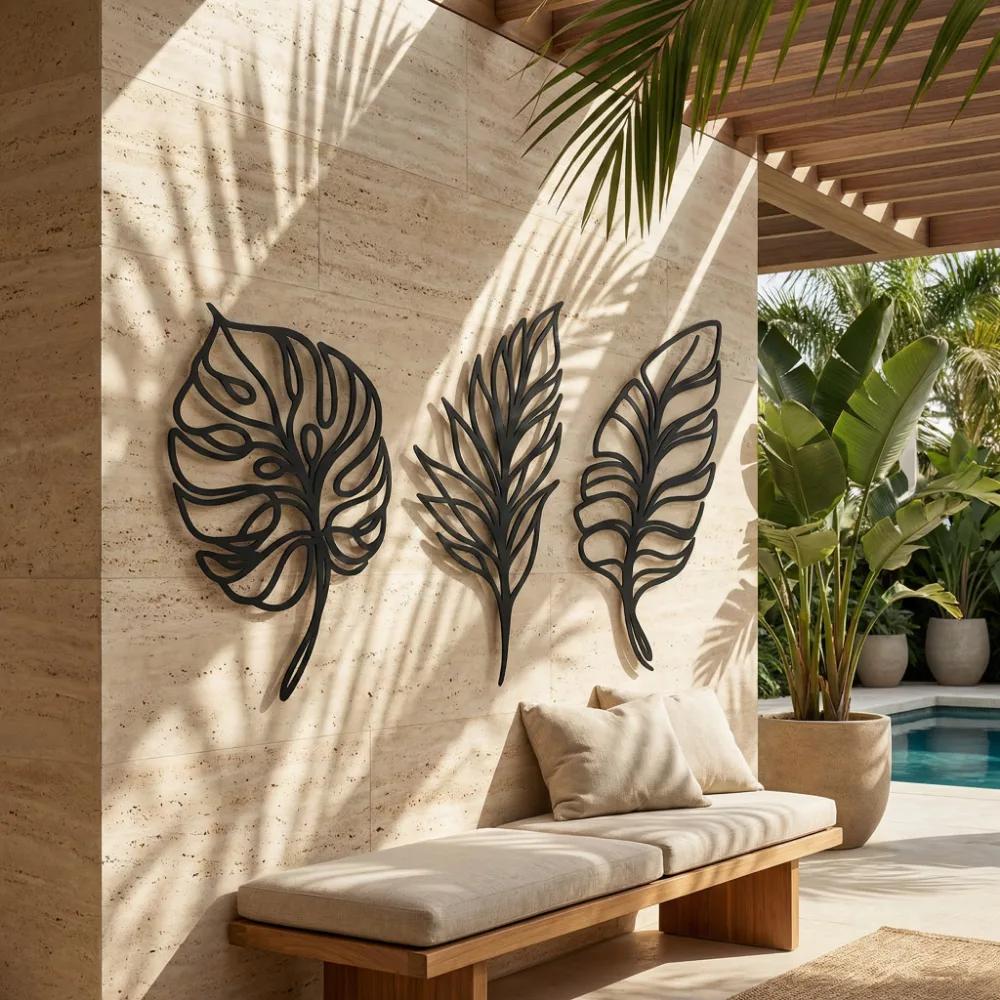 Tropical Leaf Metal Wall Art – Botanical Trio, Coastal Minimalist Decor — 7