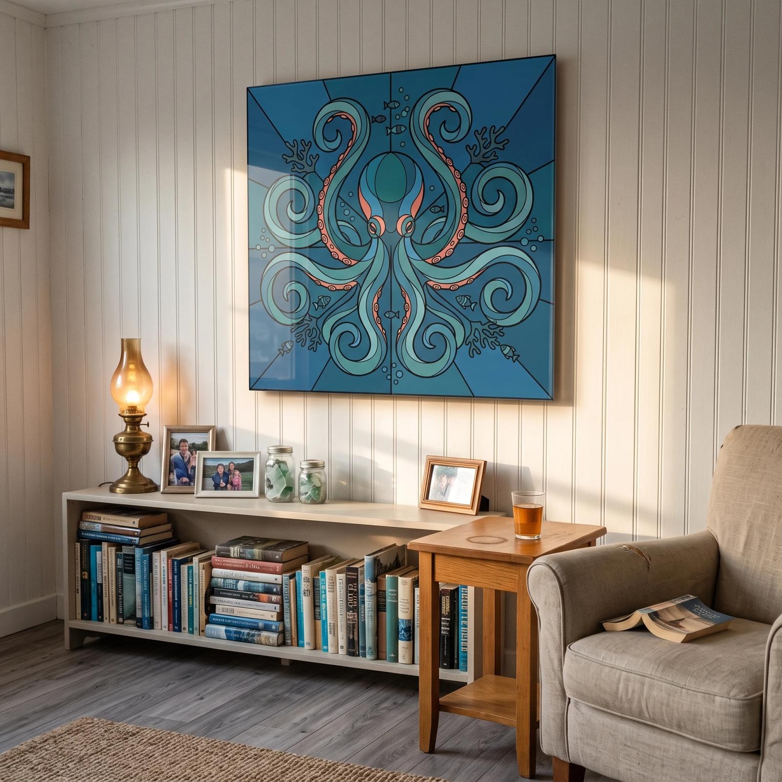 Octopus Stained Glass Symmetrical Ocean Art | Glass Wall Art