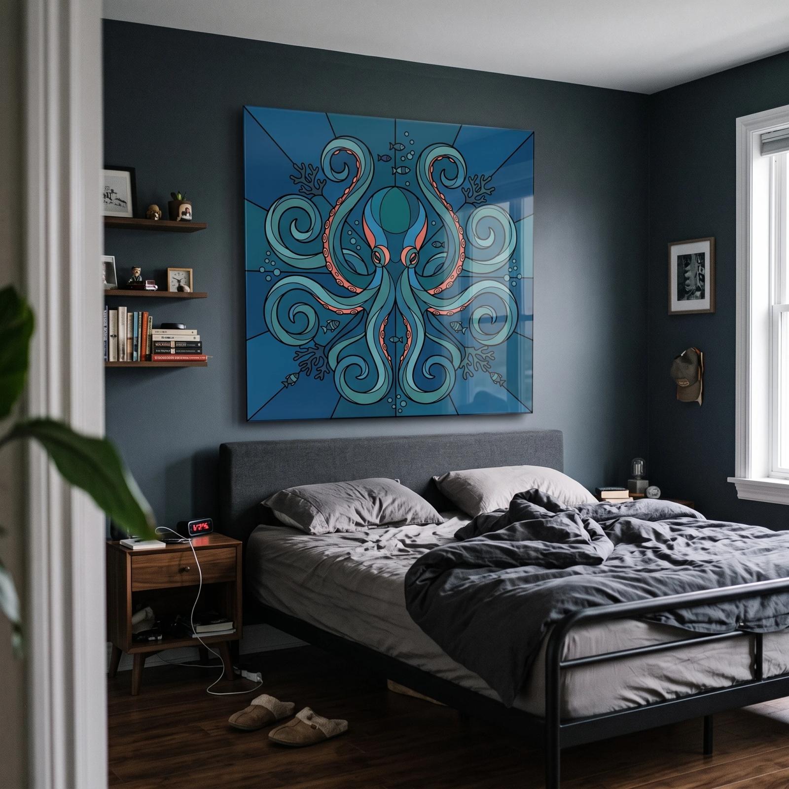 Octopus Stained Glass Symmetrical Ocean Art | Glass Wall Art — 2