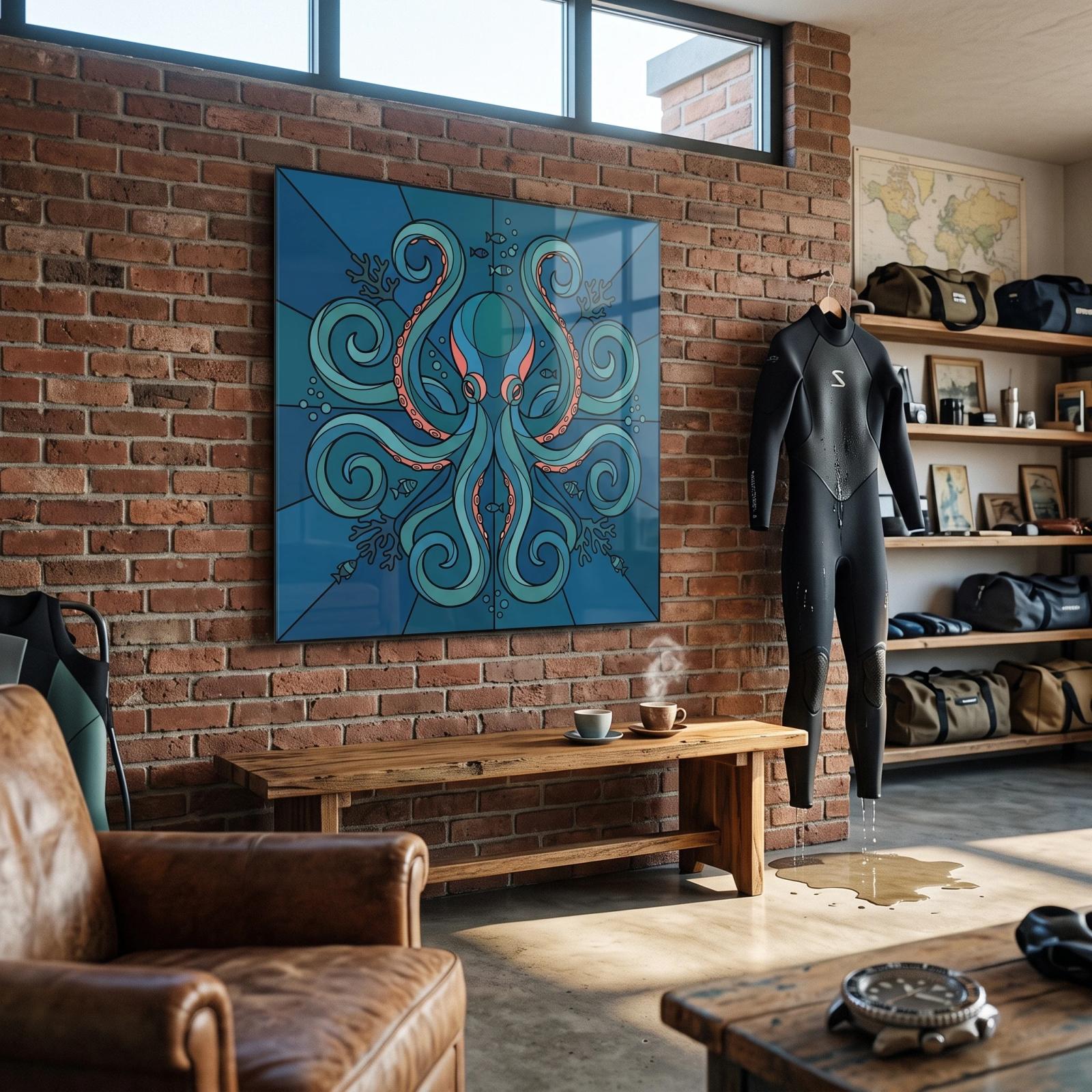 Octopus Stained Glass Symmetrical Ocean Art | Glass Wall Art — 3