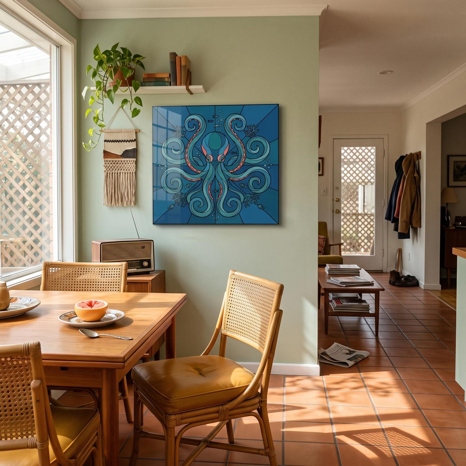 Octopus Stained Glass Symmetrical Ocean Art | Glass Wall Art — 4