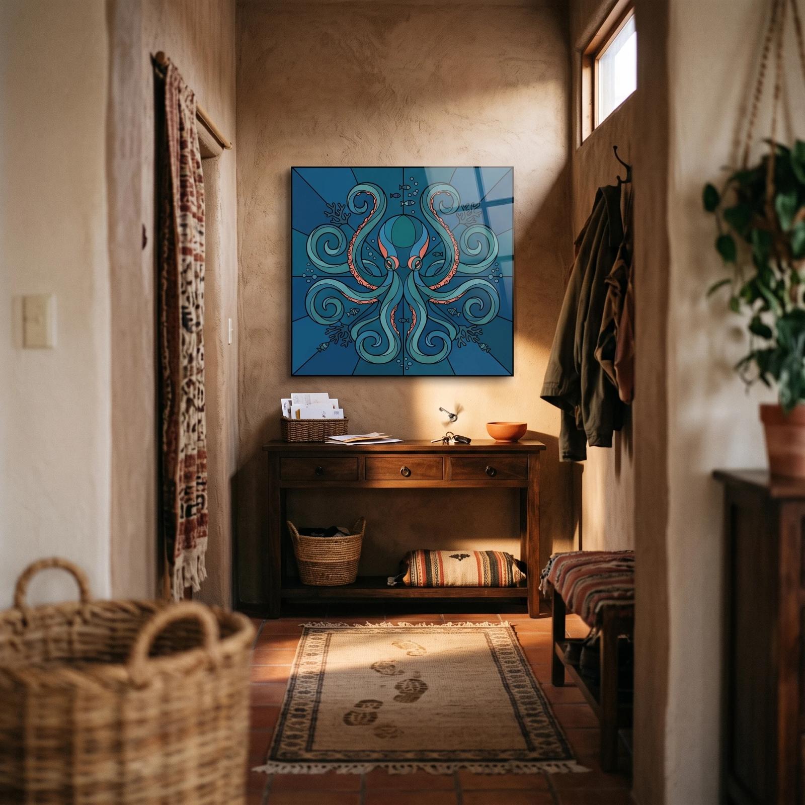 Octopus Stained Glass Symmetrical Ocean Art | Glass Wall Art — 5