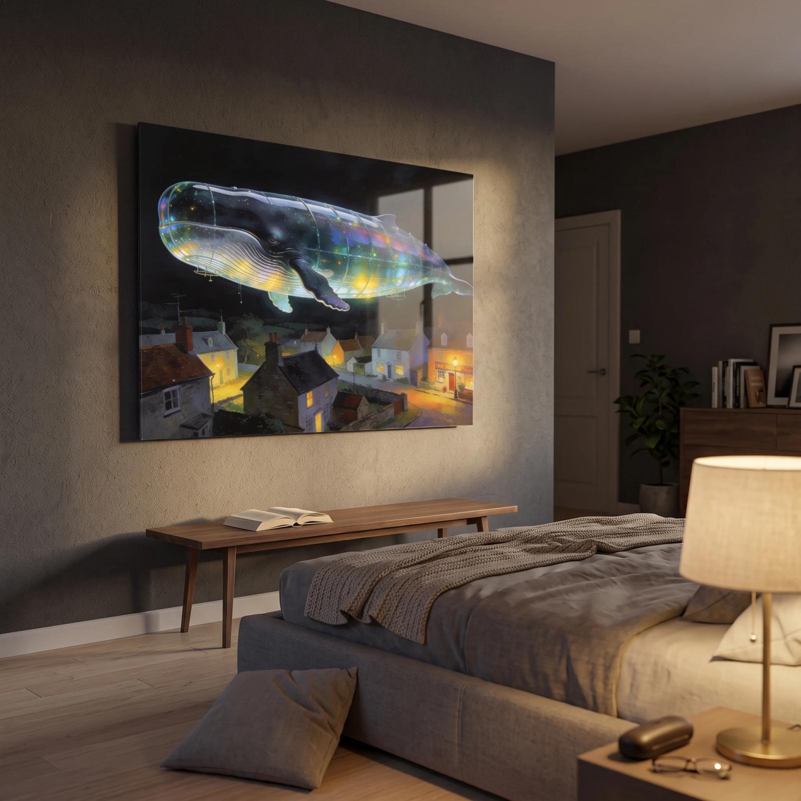 Celestial Whale Wall Art Surreal Night Village | Glass Wall Art