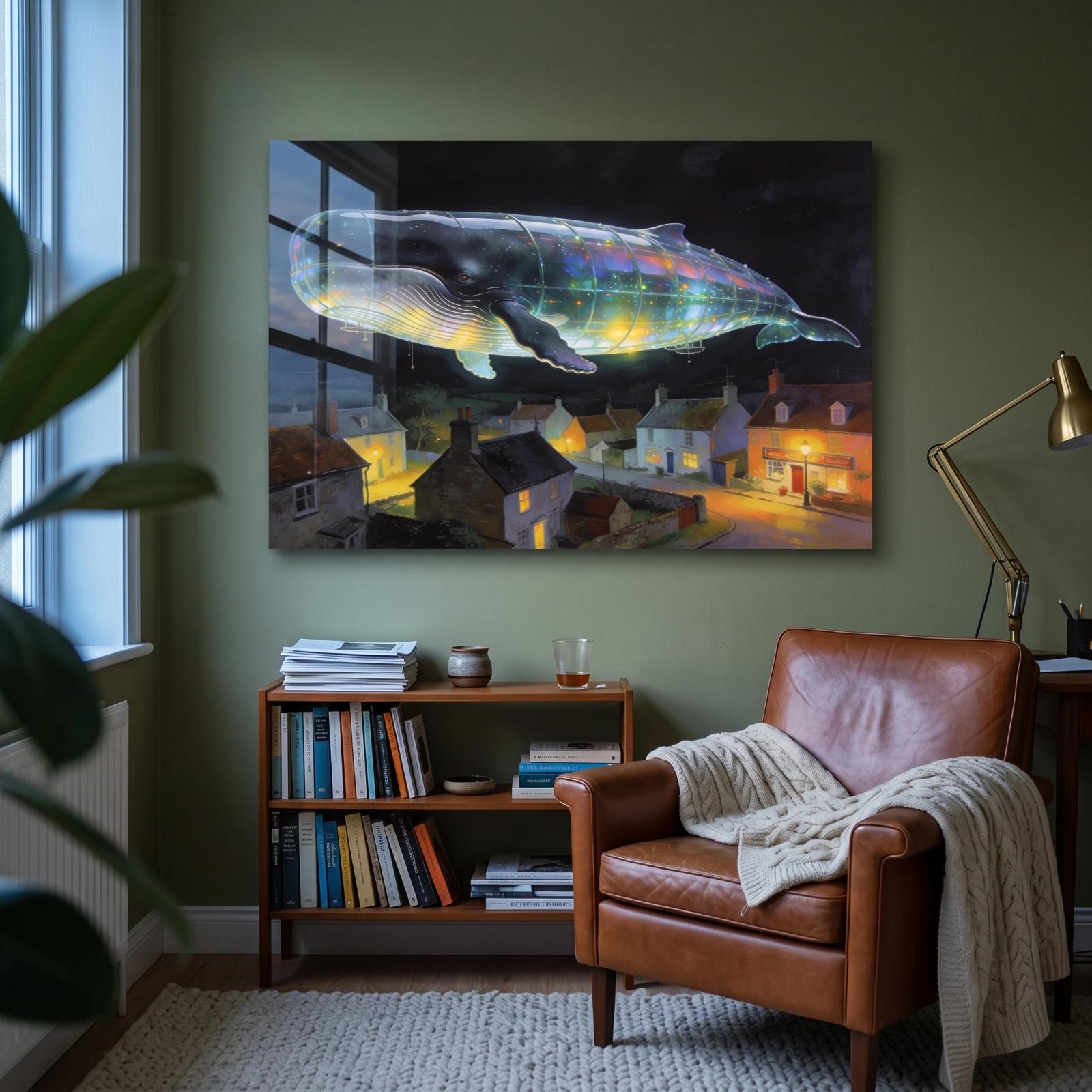 Celestial Whale Wall Art Surreal Night Village | Glass Wall Art — 2