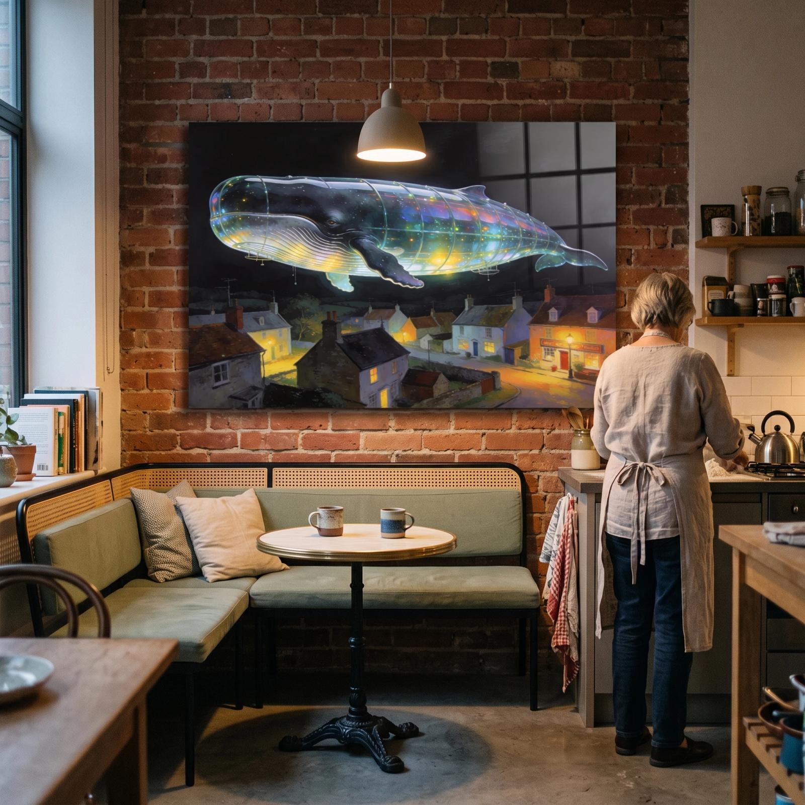 Celestial Whale Wall Art Surreal Night Village | Glass Wall Art — 3