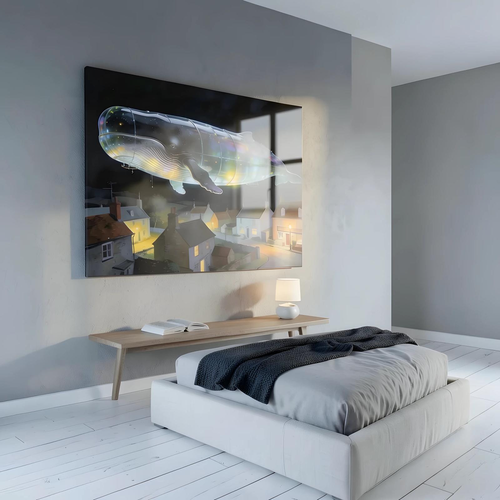 Celestial Whale Wall Art Surreal Night Village | Glass Wall Art — 4