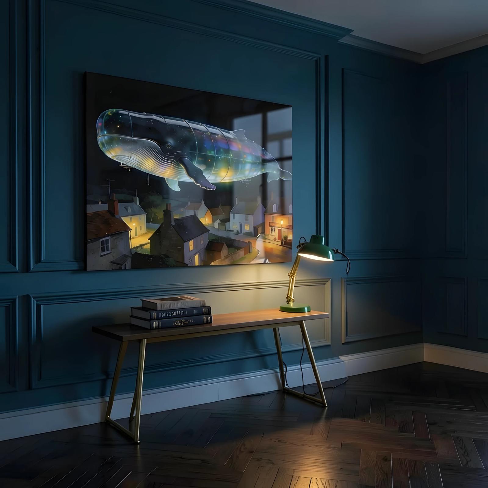 Celestial Whale Wall Art Surreal Night Village | Glass Wall Art — 5