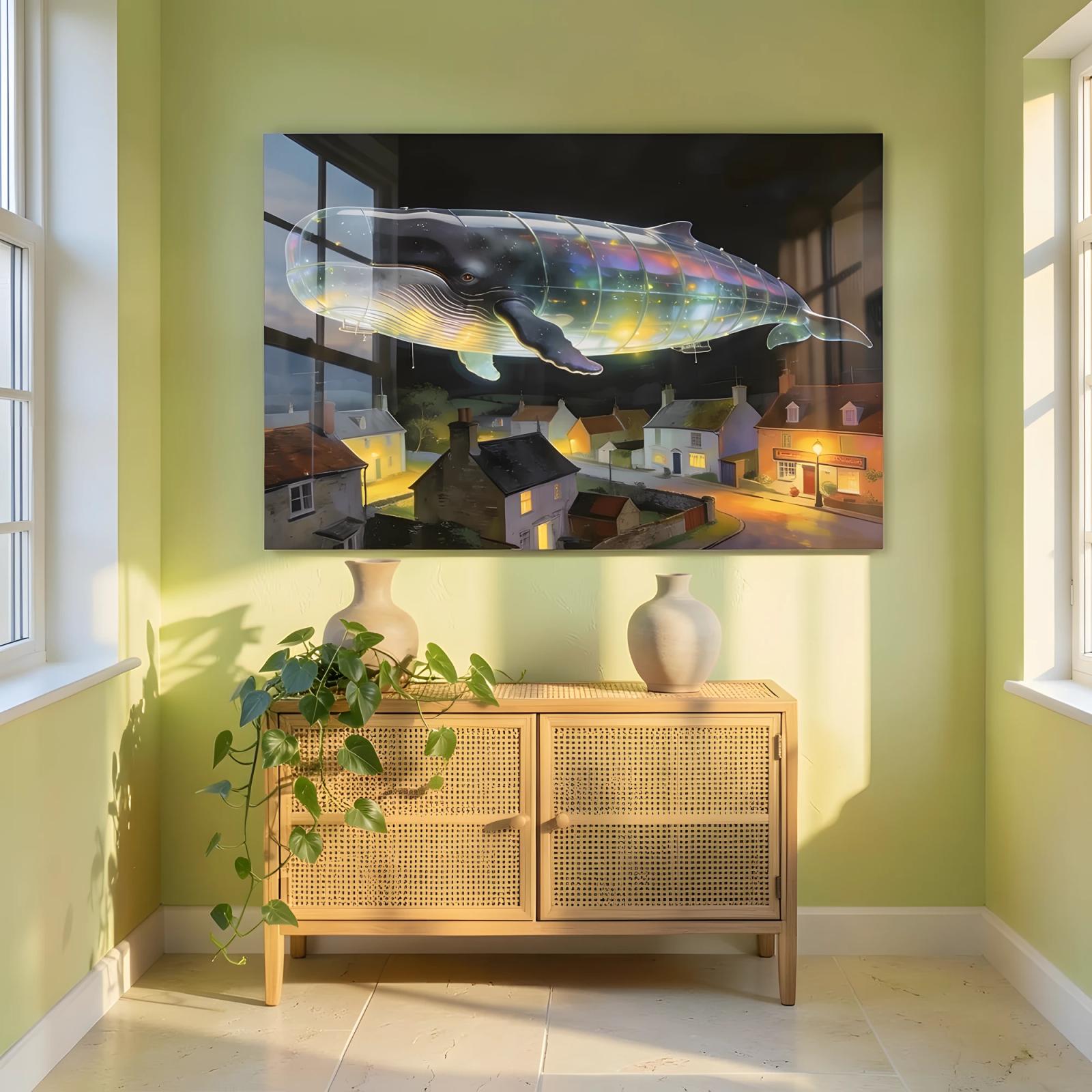 Celestial Whale Wall Art Surreal Night Village | Glass Wall Art — 6