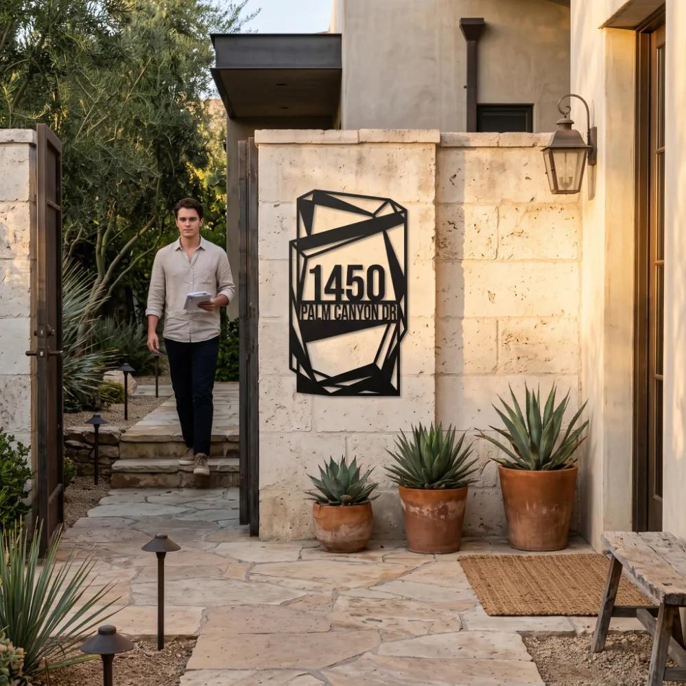 Custom Mid Century House Number Metal Address Sign – Desert Arrival, Front Porch Facade Decor — 3
