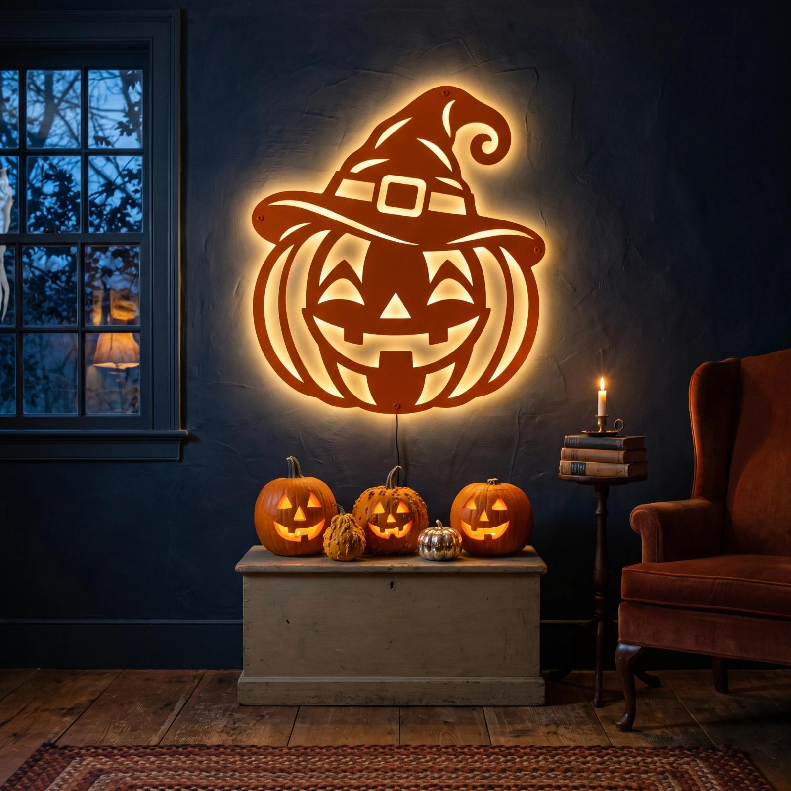 Halloween Pumpkin Witch Hat LED Metal Wall Art – Lantern Grin, Porch & Living Room Decor