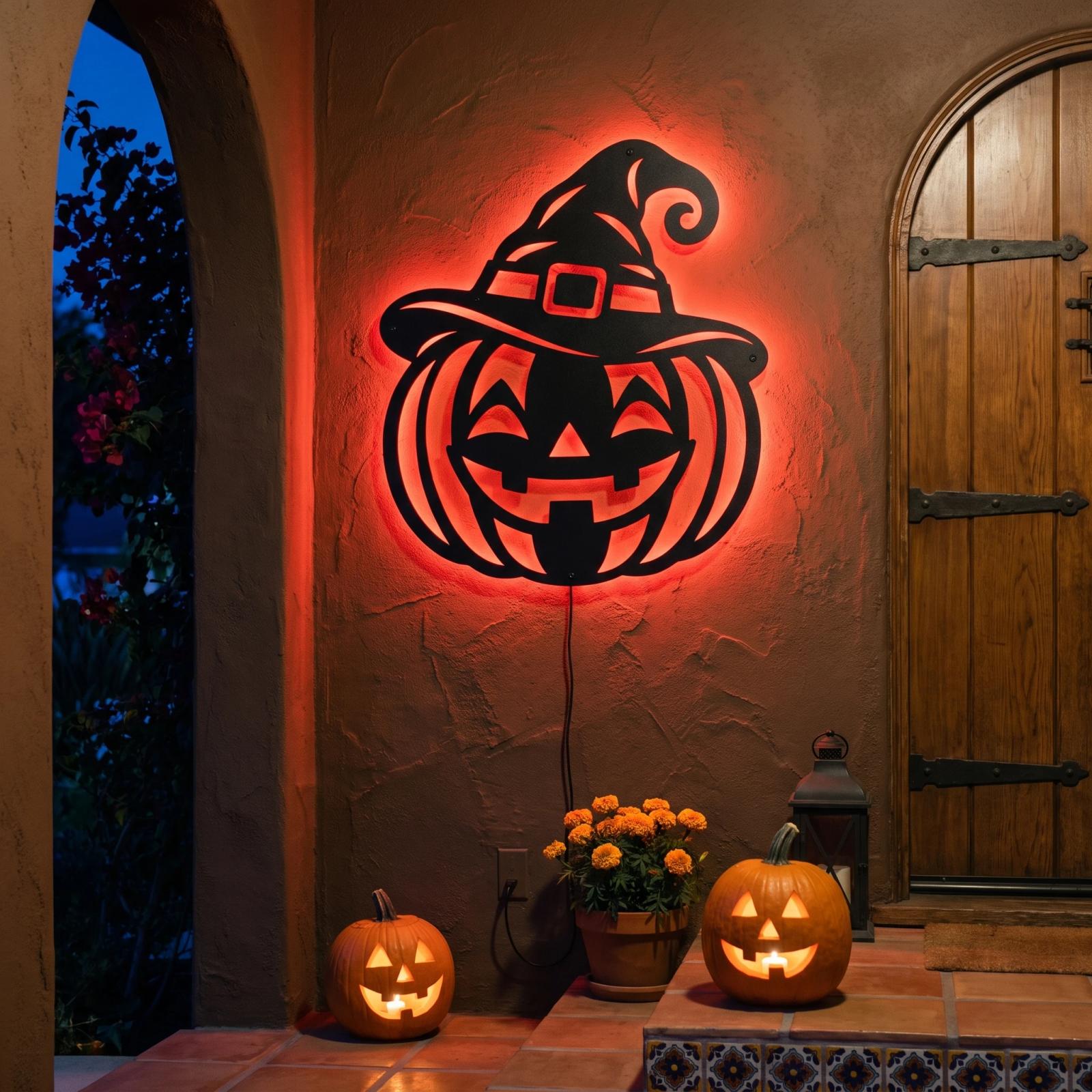 Halloween Pumpkin Witch Hat LED Metal Wall Art – Lantern Grin, Porch & Living Room Decor — 3