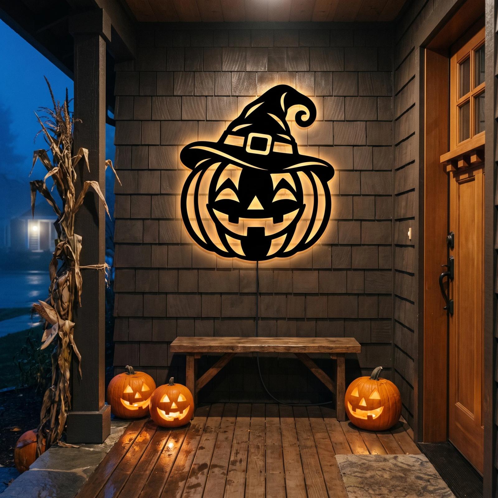 Halloween Pumpkin Witch Hat LED Metal Wall Art – Lantern Grin, Porch & Living Room Decor — 4