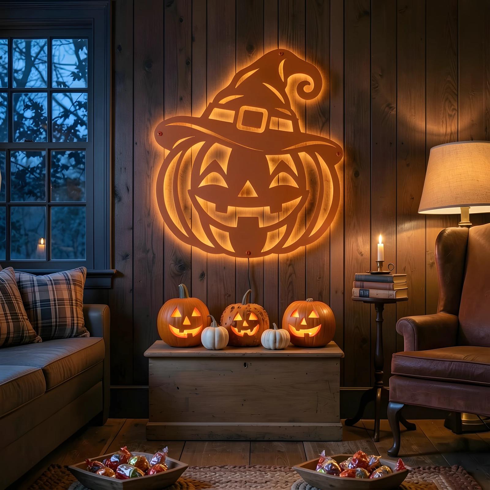 Halloween Pumpkin Witch Hat LED Metal Wall Art – Lantern Grin, Porch & Living Room Decor — 5