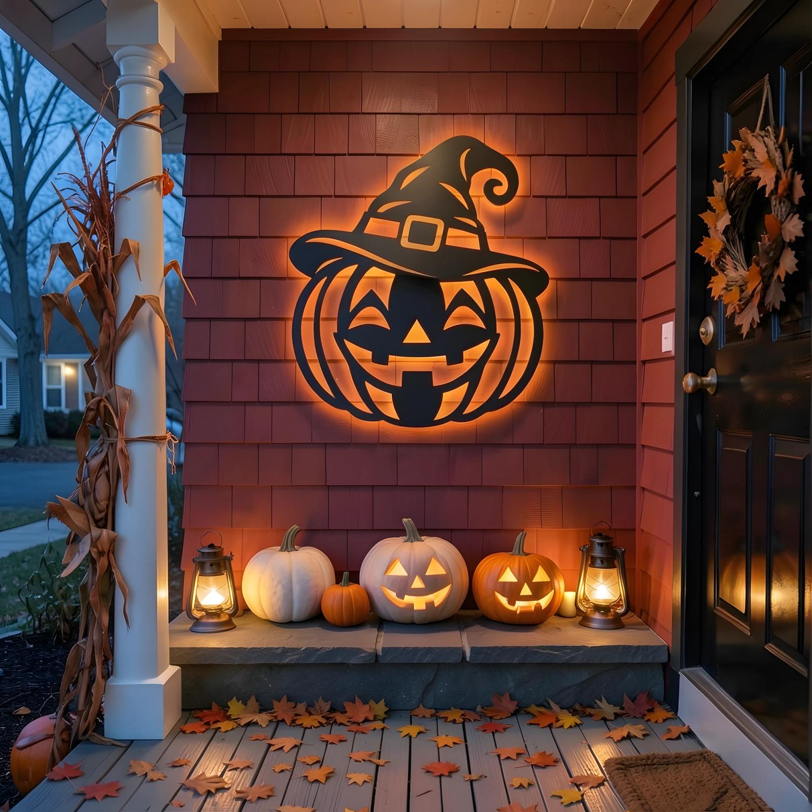 Halloween Pumpkin Witch Hat LED Metal Wall Art – Lantern Grin, Porch & Living Room Decor — 6