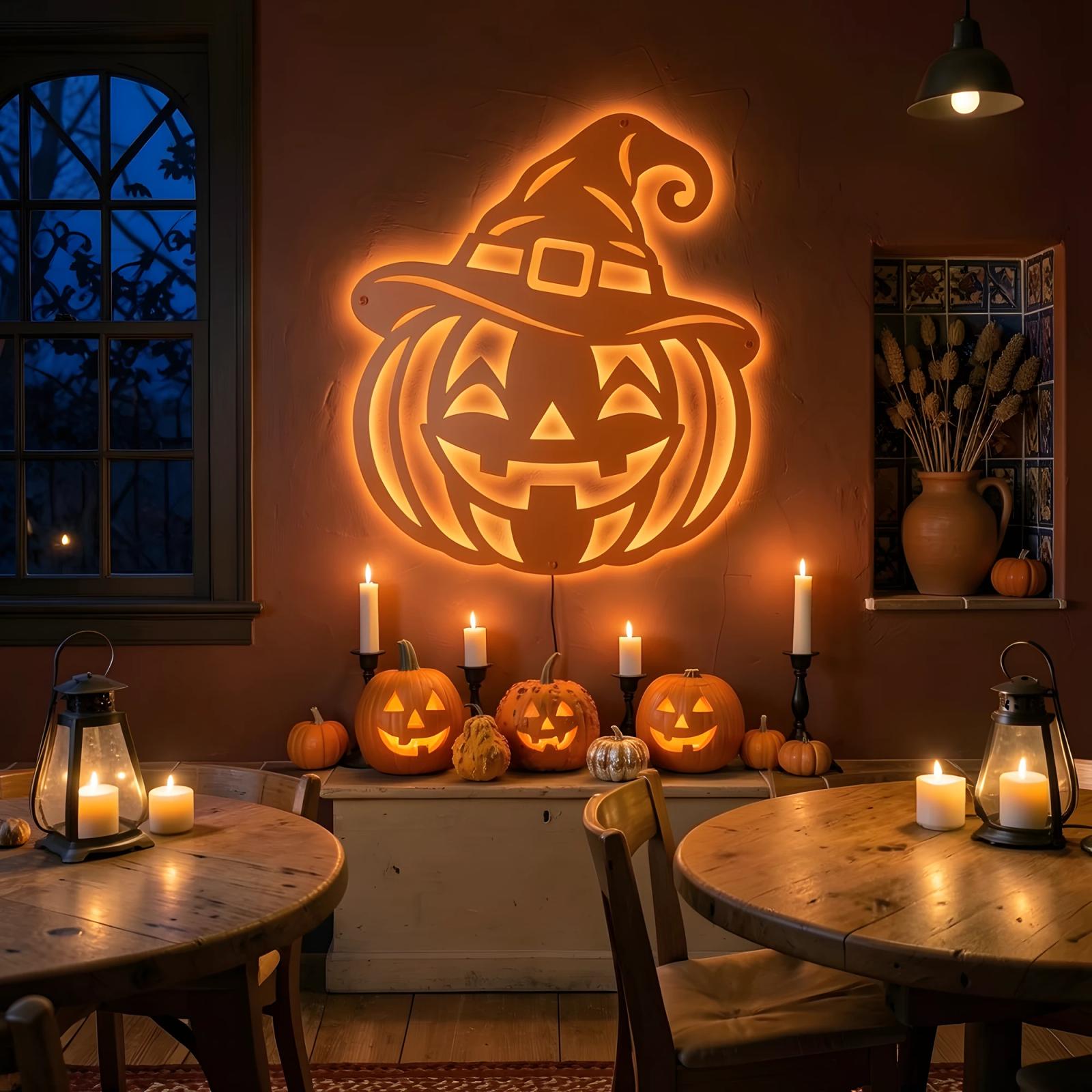 Halloween Pumpkin Witch Hat LED Metal Wall Art – Lantern Grin, Porch & Living Room Decor — 8