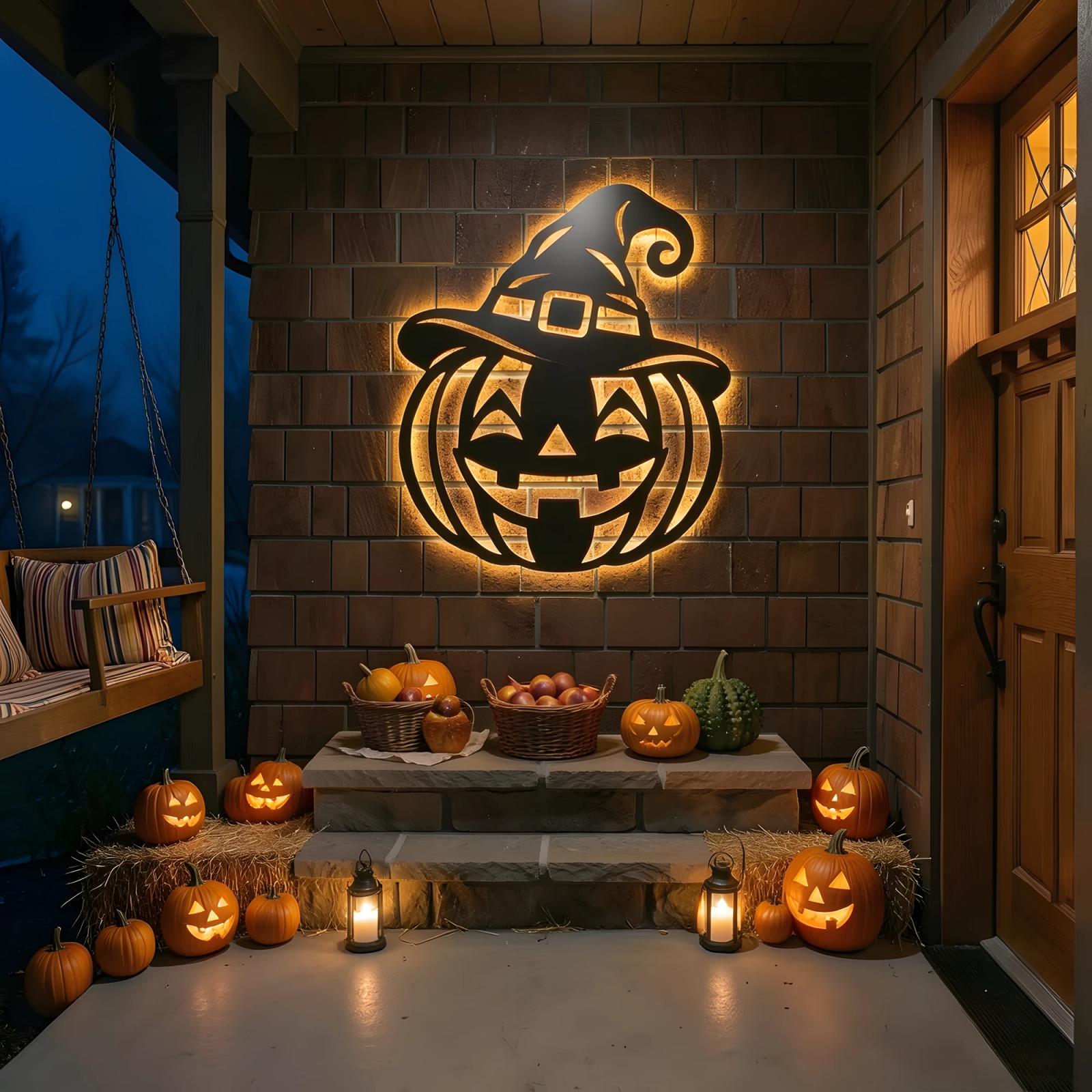 Halloween Pumpkin Witch Hat LED Metal Wall Art – Lantern Grin, Porch & Living Room Decor — 9