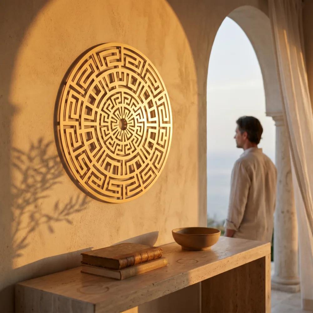 Greek Key Mandala Metal Wall Art – Labyrinth Sun, Minimalist Geometric Decor