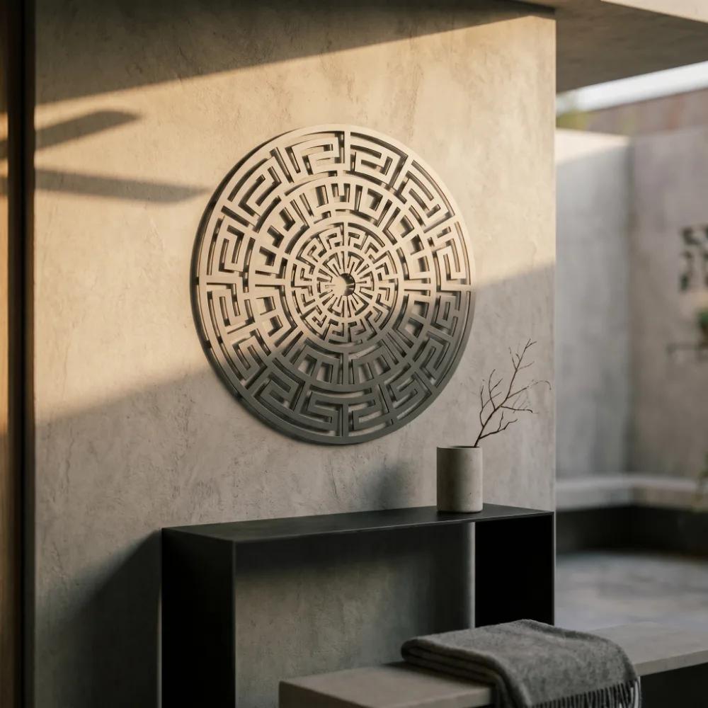 Greek Key Mandala Metal Wall Art – Labyrinth Sun, Minimalist Geometric Decor — 10