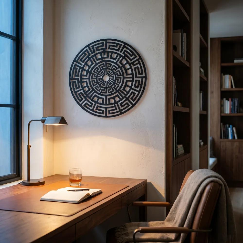 Greek Key Mandala Metal Wall Art – Labyrinth Sun, Minimalist Geometric Decor — 4