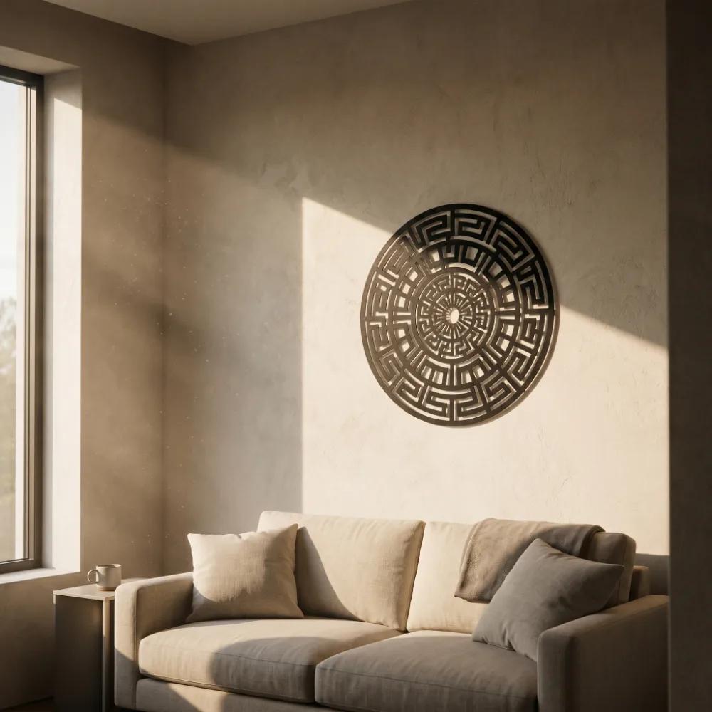 Greek Key Mandala Metal Wall Art – Labyrinth Sun, Minimalist Geometric Decor — 5