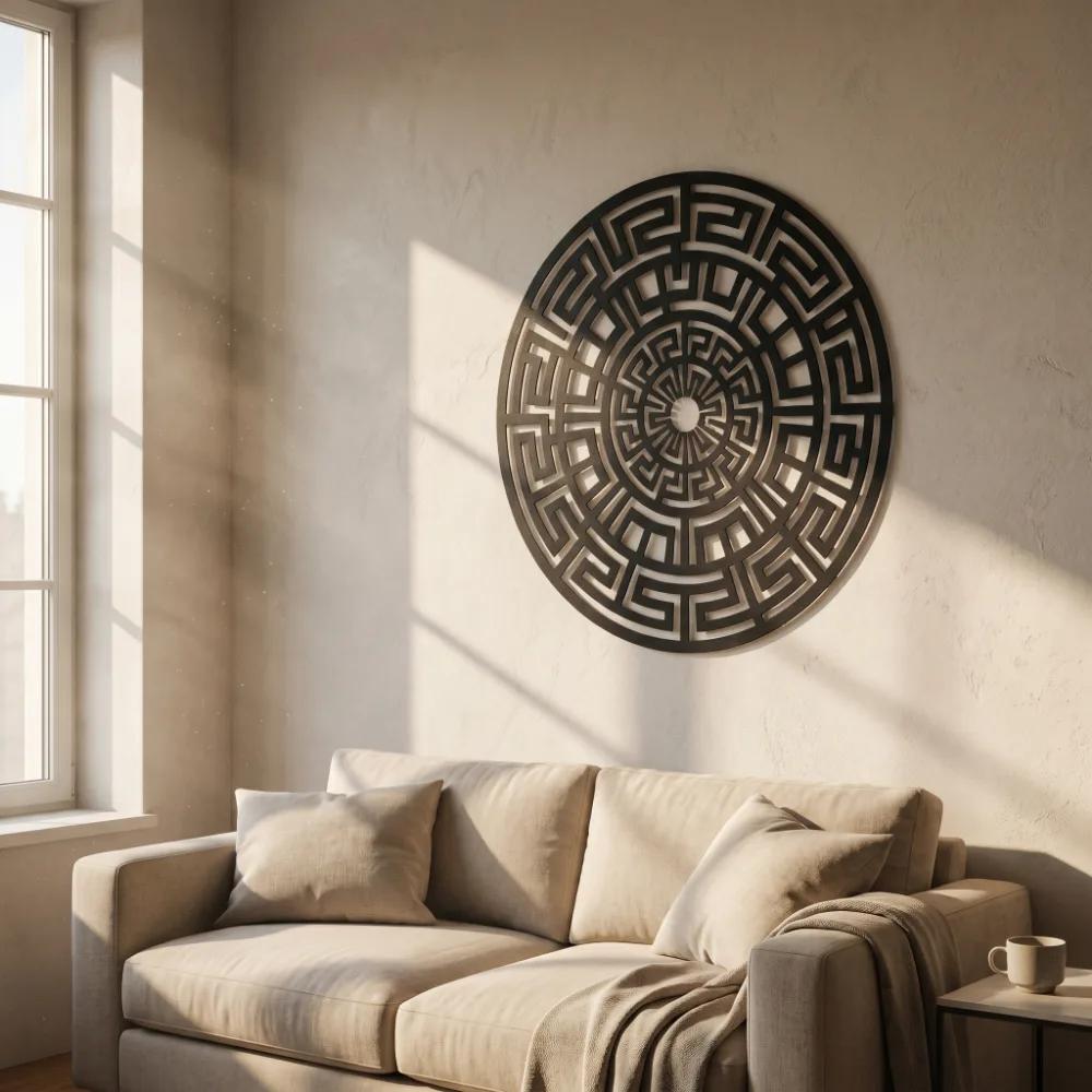 Greek Key Mandala Metal Wall Art – Labyrinth Sun, Minimalist Geometric Decor — 6