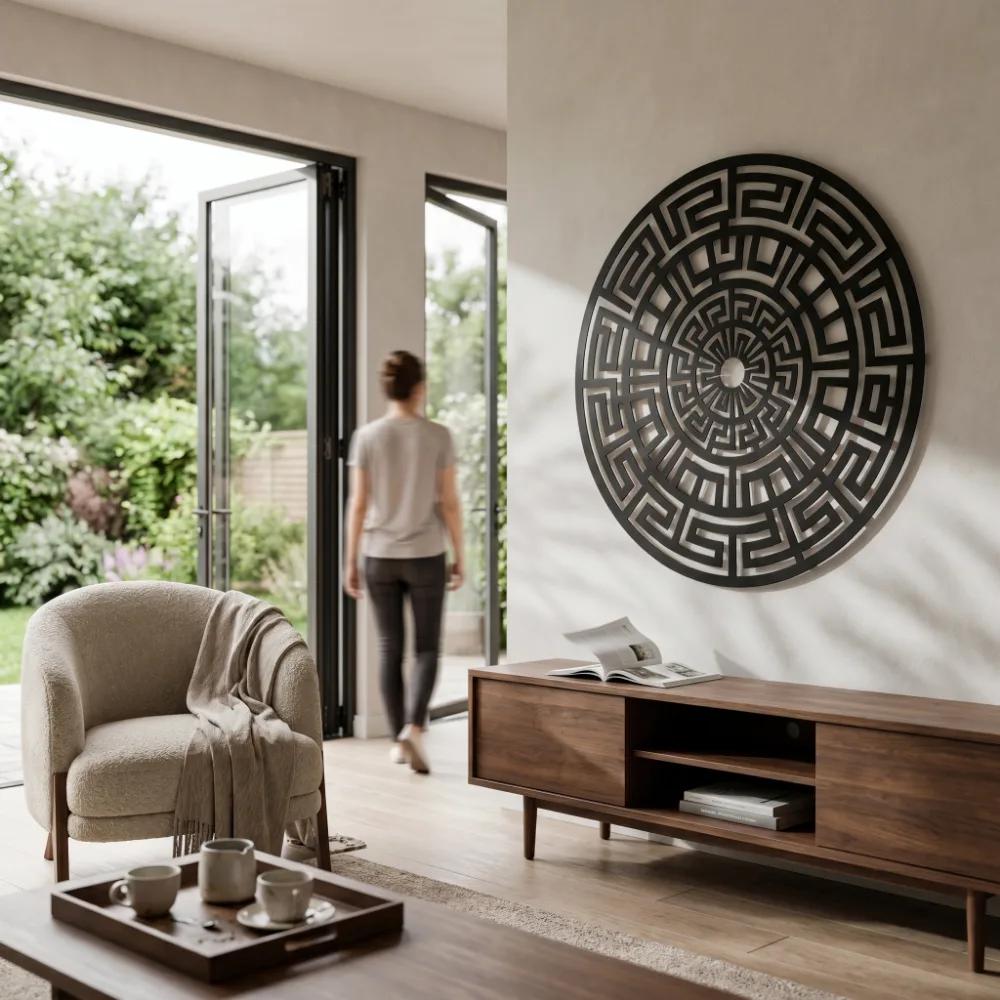 Greek Key Mandala Metal Wall Art – Labyrinth Sun, Minimalist Geometric Decor — 7