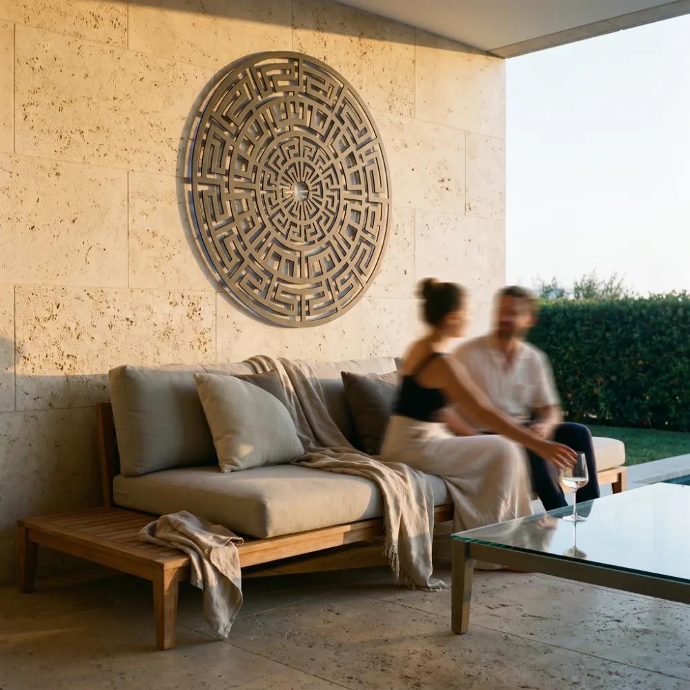 Greek Key Mandala Metal Wall Art – Labyrinth Sun, Minimalist Geometric Decor — 9
