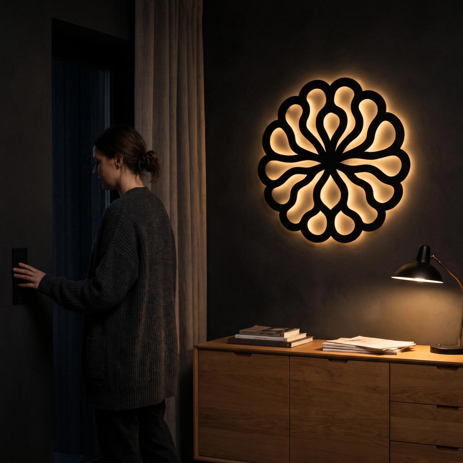 Mandala Metal LED Wall Art – Lumen Bloom, Backlit Living Room Decor — 3