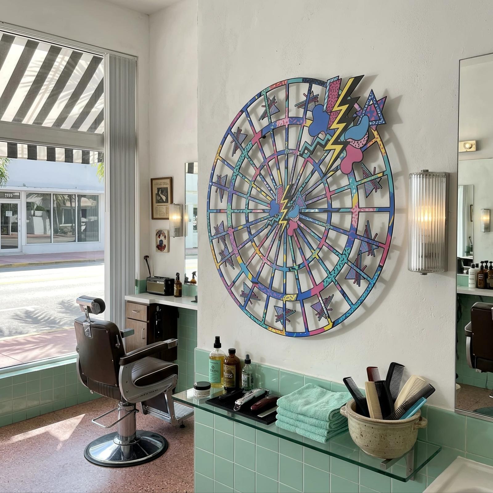 Retro Dartboard Metal Wall Art 80s Memphis – Neon Bullseye, Game Room Decor — 3