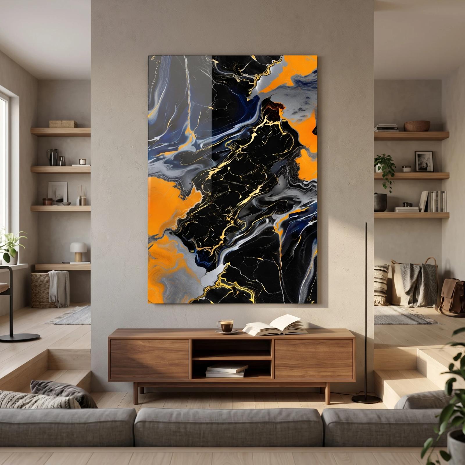 Black Orange Marble Abstract Fluid Gold Vein Glass Wall Art