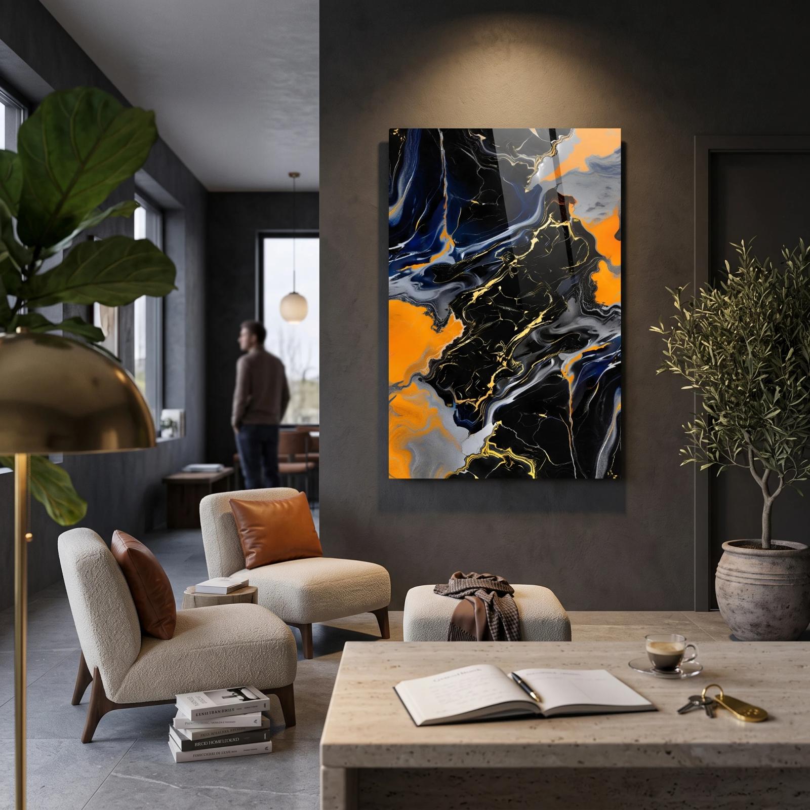 Black Orange Marble Abstract Fluid Gold Vein Glass Wall Art — 2