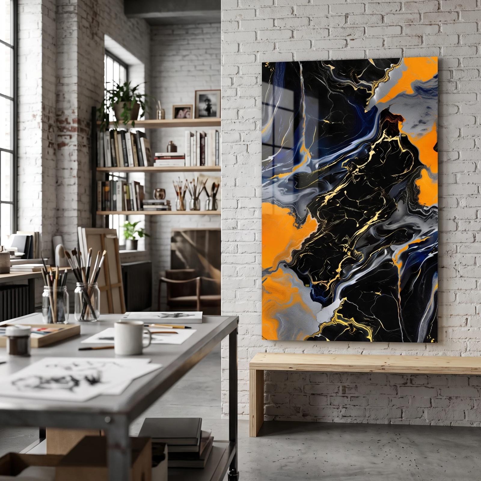 Black Orange Marble Abstract Fluid Gold Vein Glass Wall Art — 3