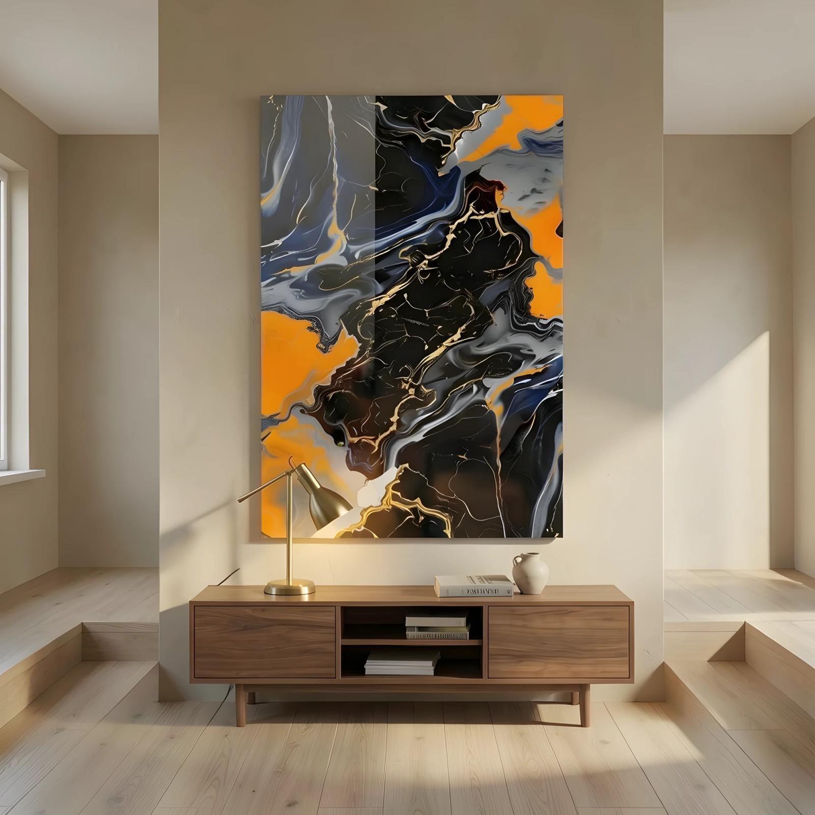 Black Orange Marble Abstract Fluid Gold Vein Glass Wall Art — 4