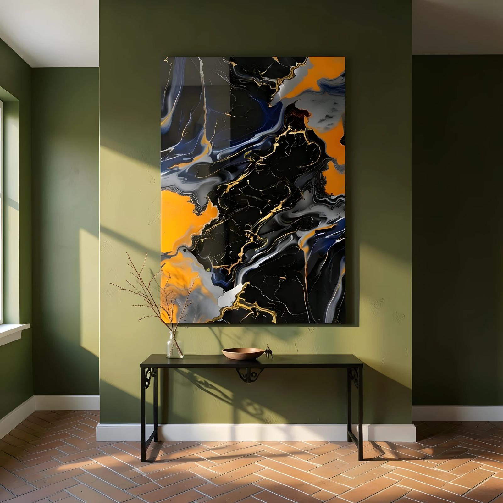 Black Orange Marble Abstract Fluid Gold Vein Glass Wall Art — 5