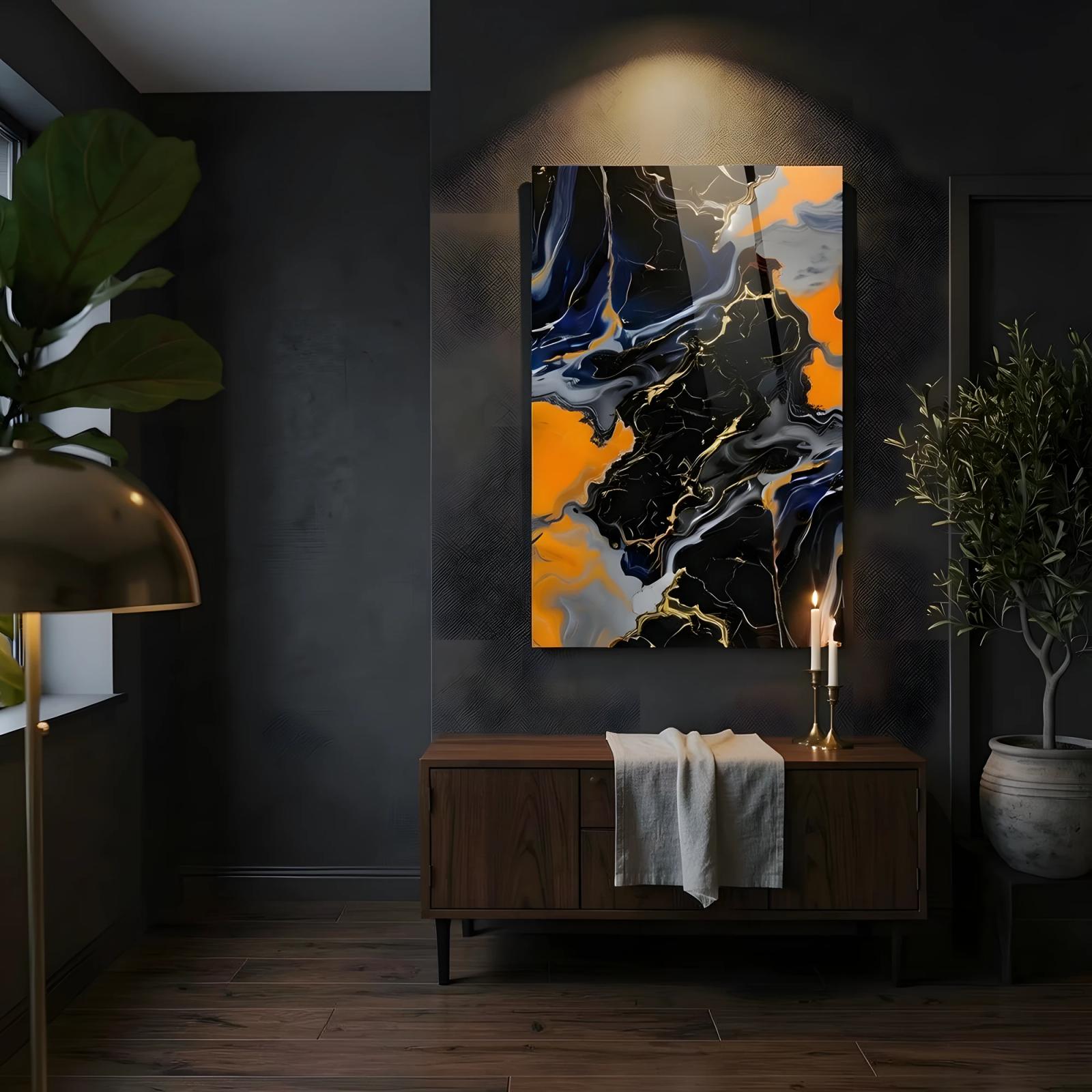 Black Orange Marble Abstract Fluid Gold Vein Glass Wall Art — 6