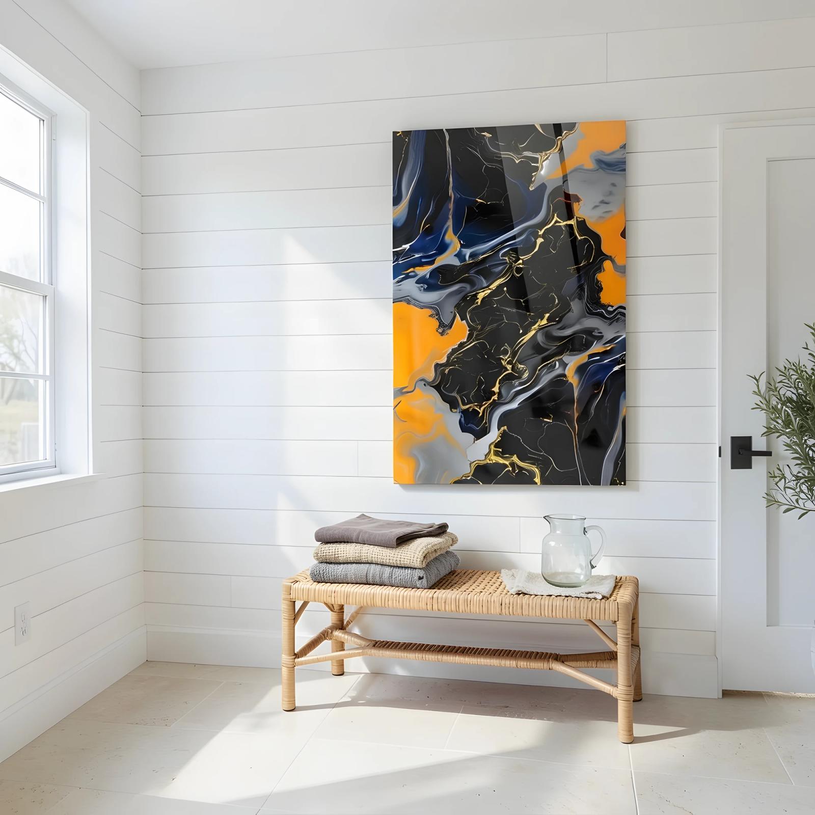 Black Orange Marble Abstract Fluid Gold Vein Glass Wall Art — 7