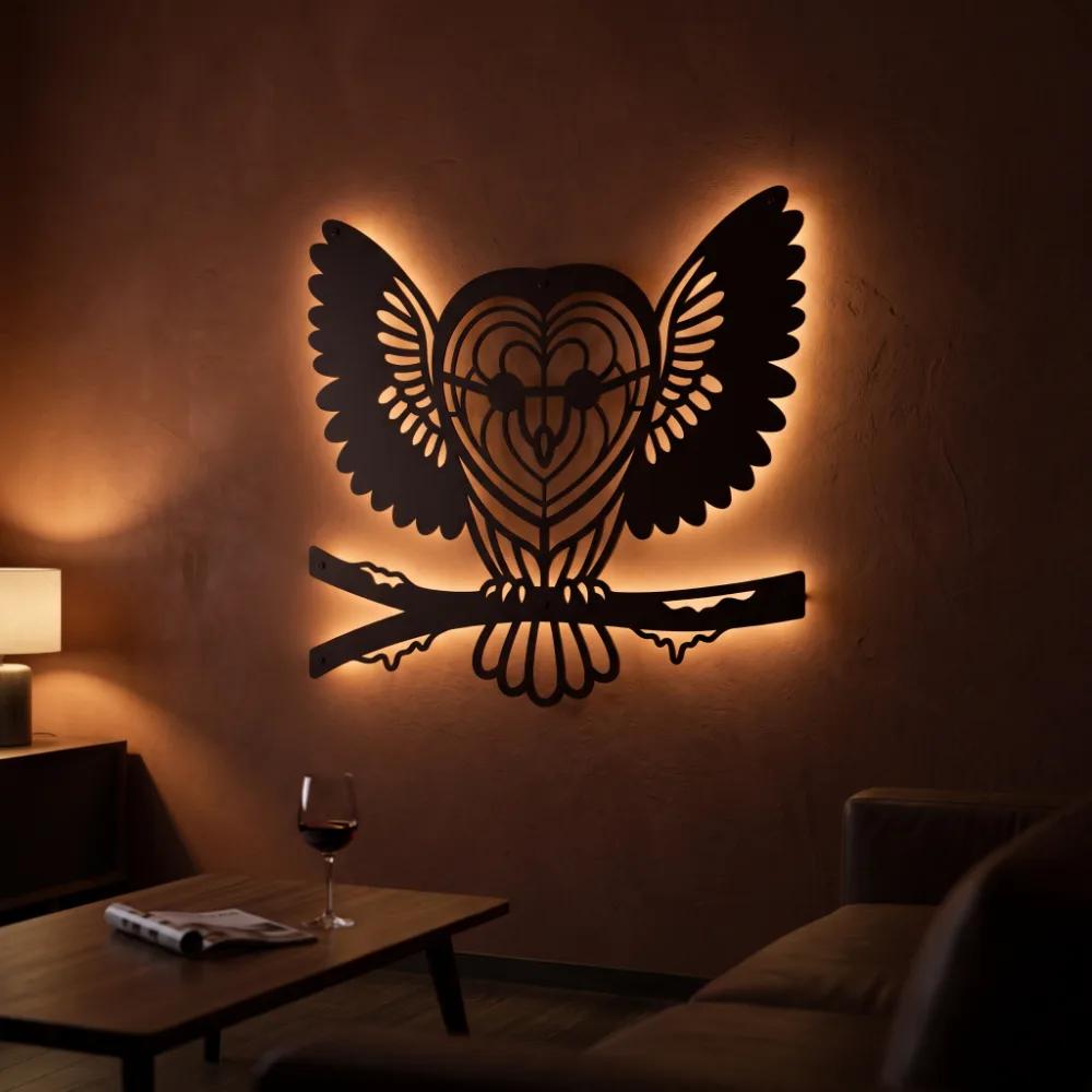 Owl Metal Wall Art with LED Backlight – Silent Nocturne, Living Room Statement Decor