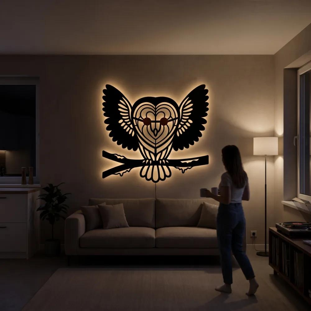 Owl Metal Wall Art with LED Backlight – Silent Nocturne, Living Room Statement Decor — 3