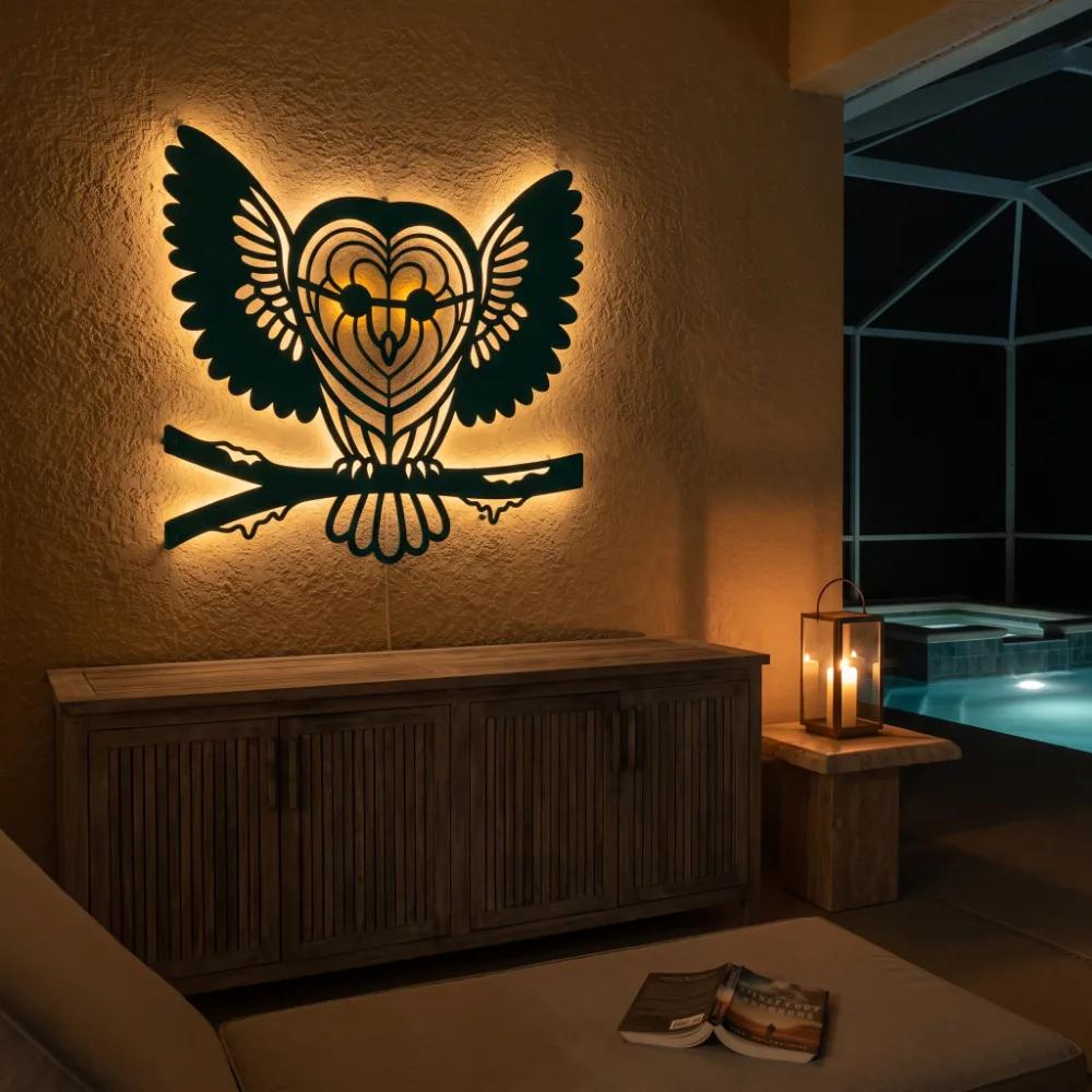 Owl Metal Wall Art with LED Backlight – Silent Nocturne, Living Room Statement Decor — 4