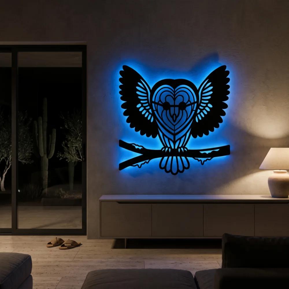 Owl Metal Wall Art with LED Backlight – Silent Nocturne, Living Room Statement Decor — 5