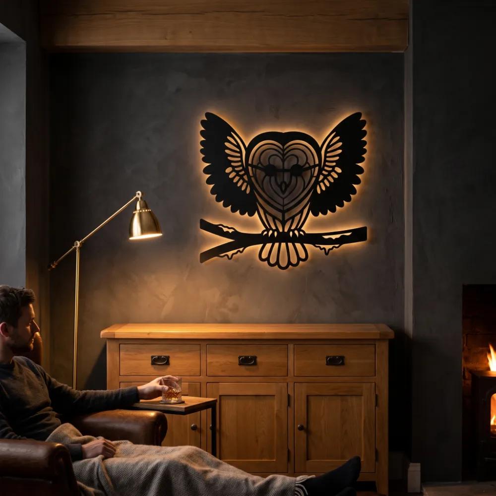 Owl Metal Wall Art with LED Backlight – Silent Nocturne, Living Room Statement Decor — 6