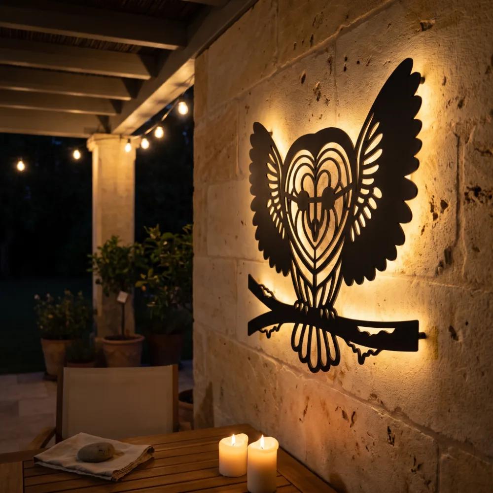 Owl Metal Wall Art with LED Backlight – Silent Nocturne, Living Room Statement Decor — 7