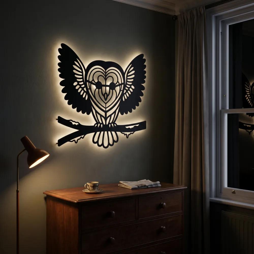 Owl Metal Wall Art with LED Backlight – Silent Nocturne, Living Room Statement Decor — 8