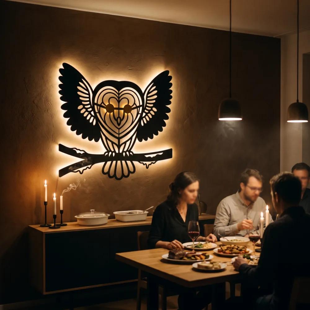 Owl Metal Wall Art with LED Backlight – Silent Nocturne, Living Room Statement Decor — 9