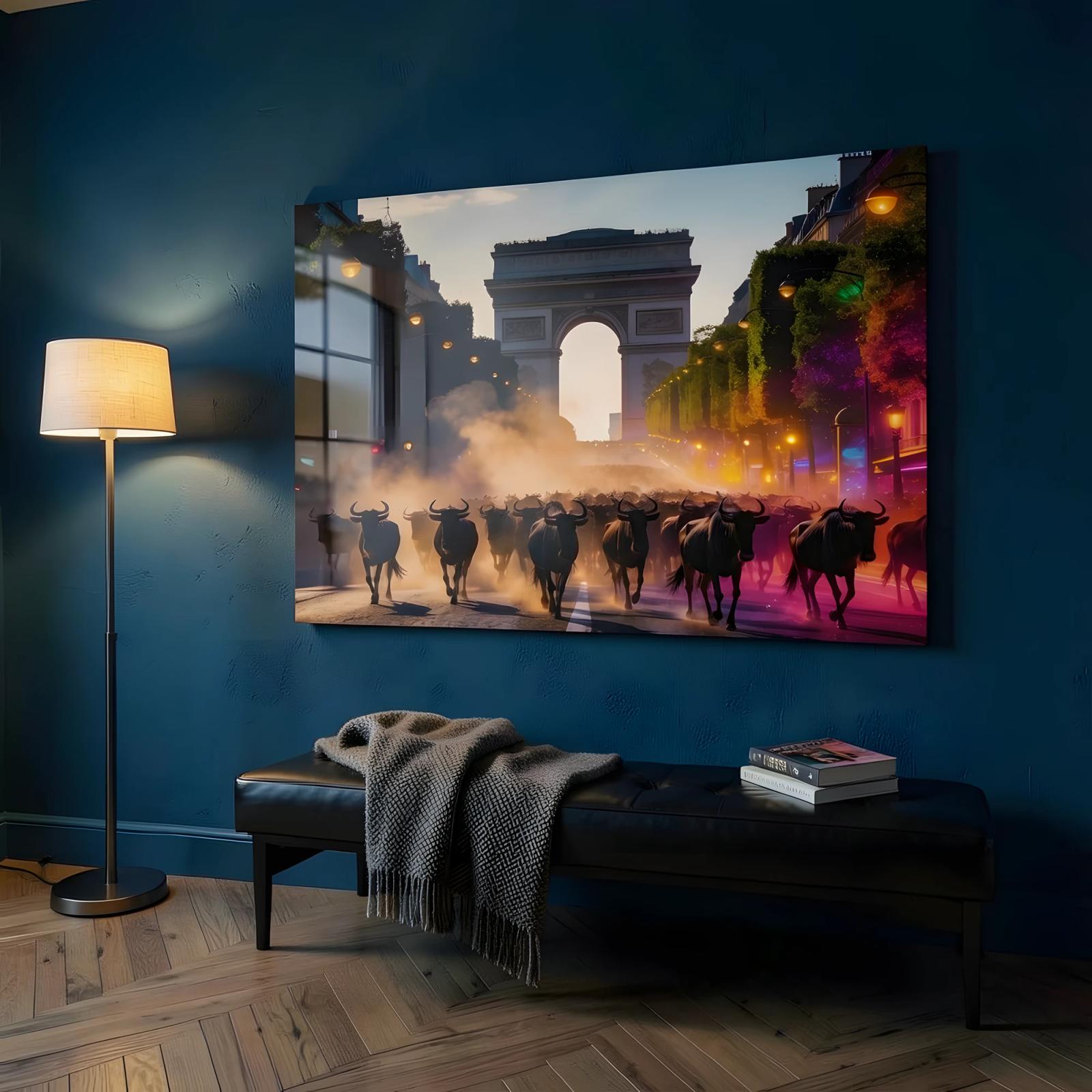 Wildebeest Paris Glass Wall Art Surreal Arc Migration Print | Glass Wall Art — 5