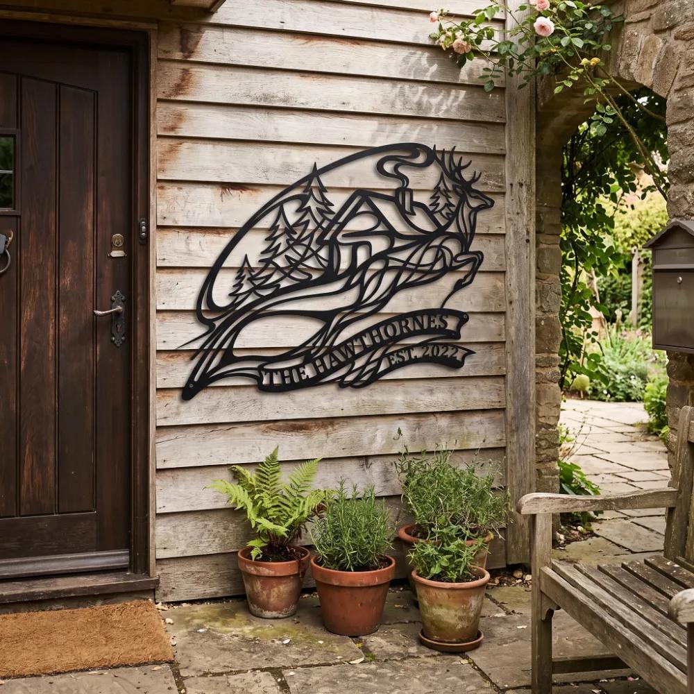 Custom Cabin Deer Metal Wall Art – Forest Retreat, Outdoor Family Name Decor