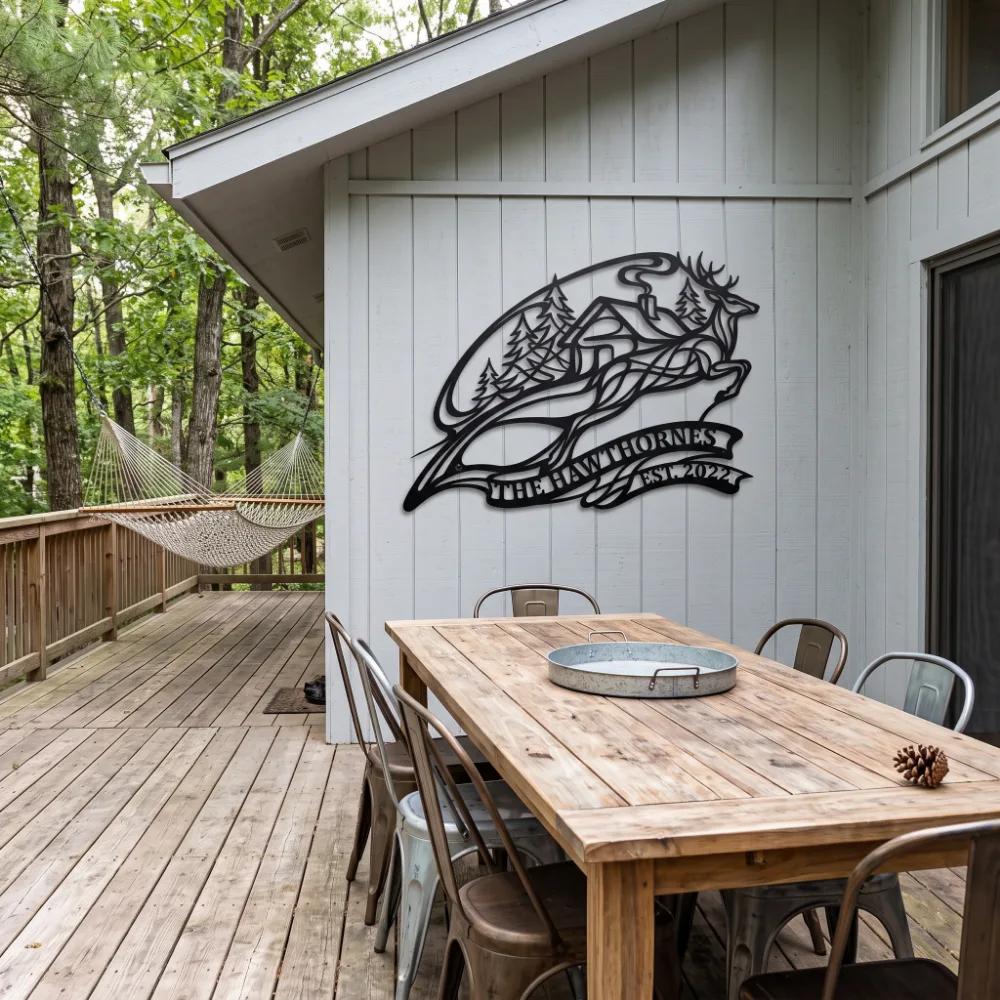 Custom Cabin Deer Metal Wall Art – Forest Retreat, Outdoor Family Name Decor — 6