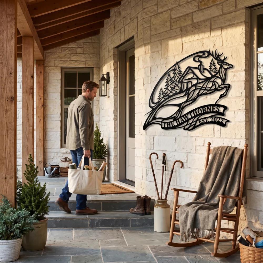 Custom Cabin Deer Metal Wall Art – Forest Retreat, Outdoor Family Name Decor — 7