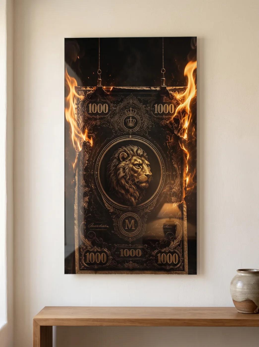 Lion Crown Fire Glass Wall Art | Dark Gold Tempered Glass Print