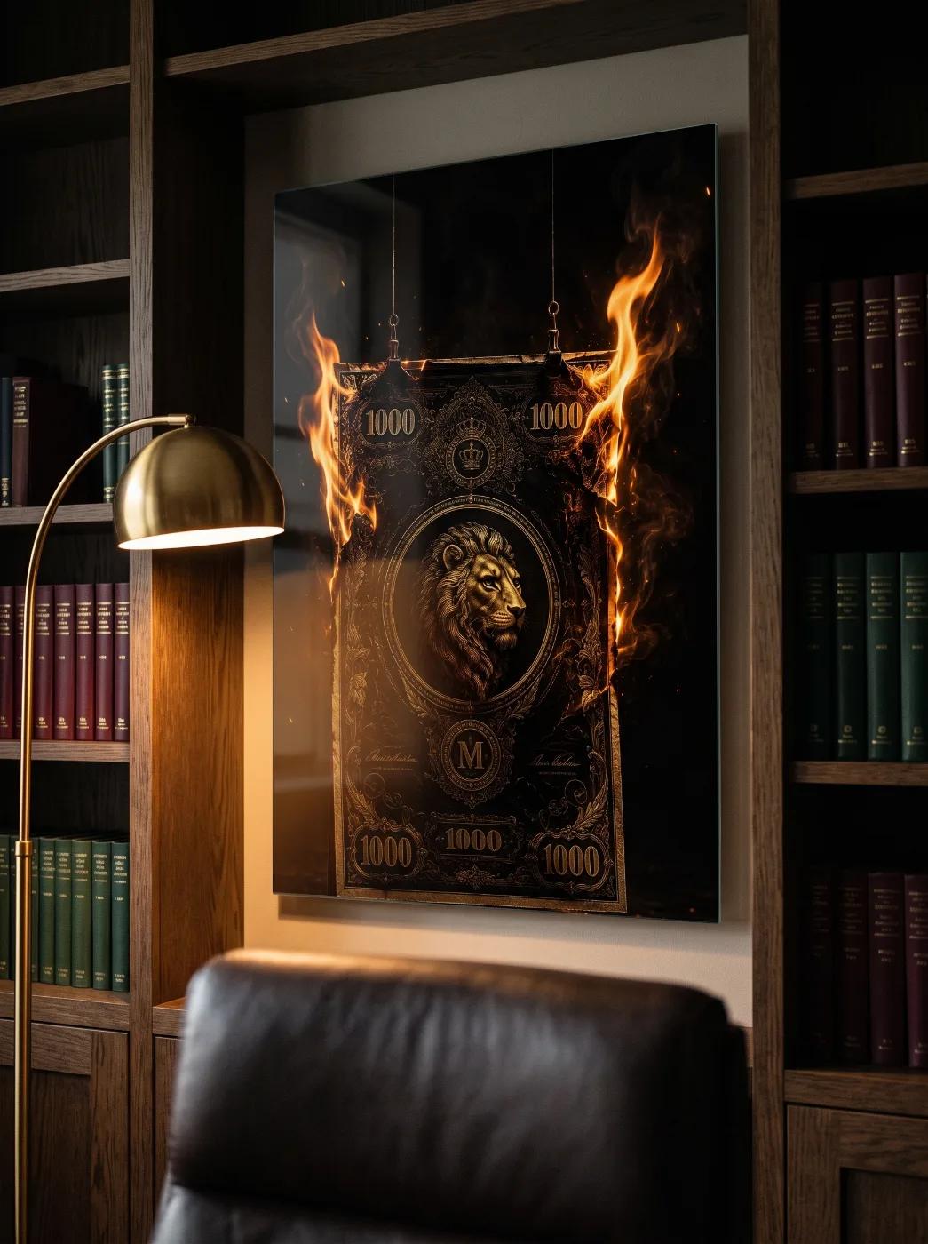 Lion Crown Fire Glass Wall Art | Dark Gold Tempered Glass Print — 2